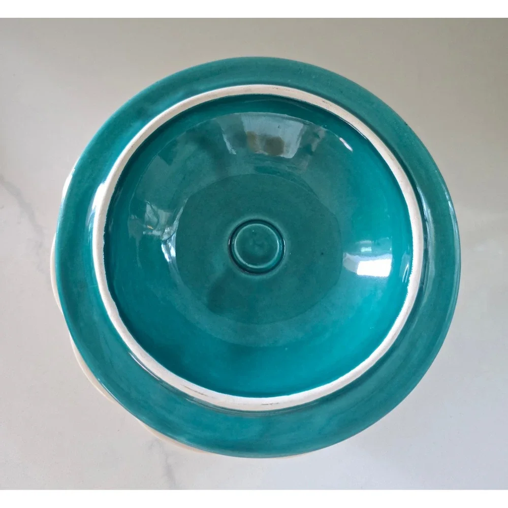 Vintage Calif USA S-16 Lidded Bowl Teal Blue Cream Scalloped Ceramic Candy Dish - Picture 3 of 6